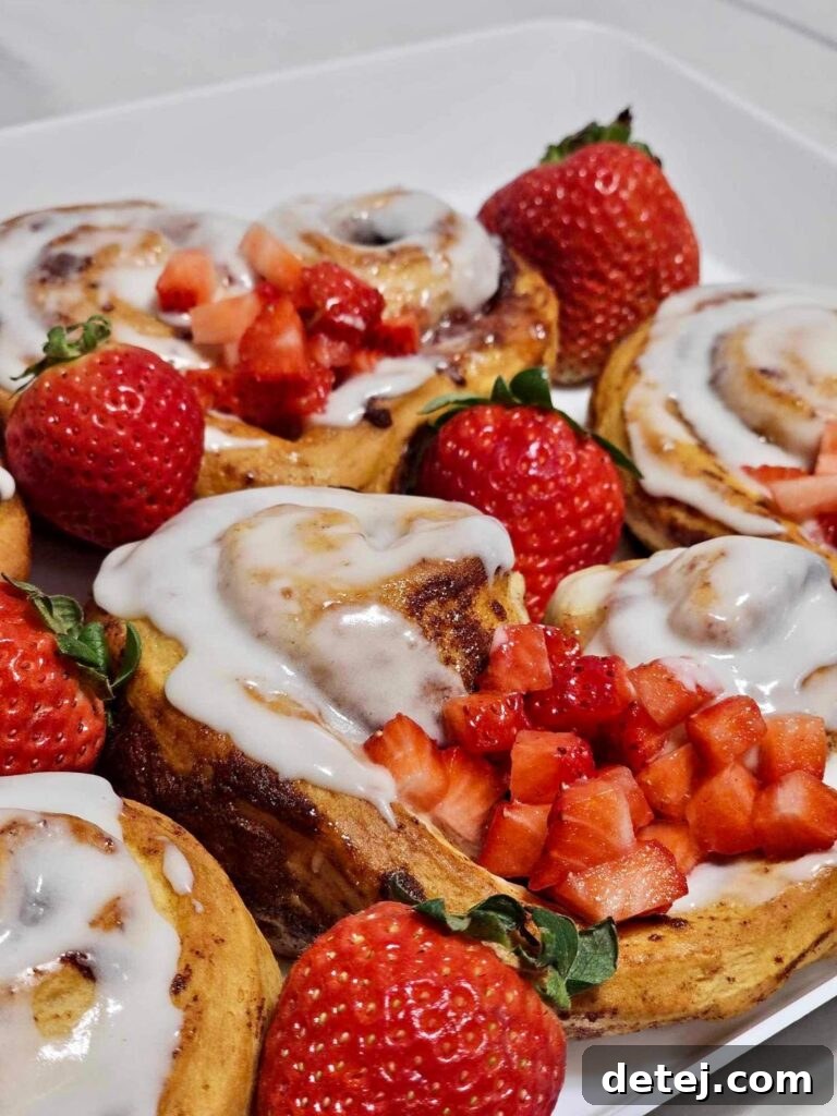 Strawberry Heart Cinnamon Rolls topped with fresh strawberries