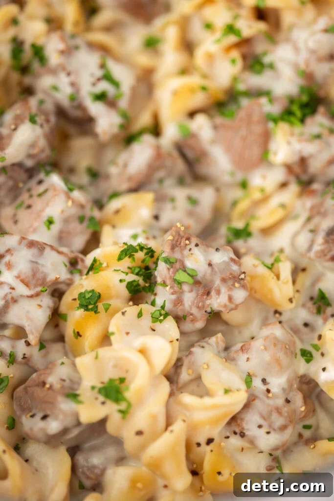 Close-up of creamy beef stroganoff sauce simmering