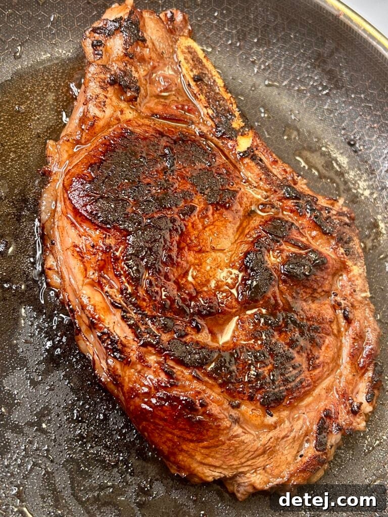 Close-up of a perfectly cooked ribeye steak