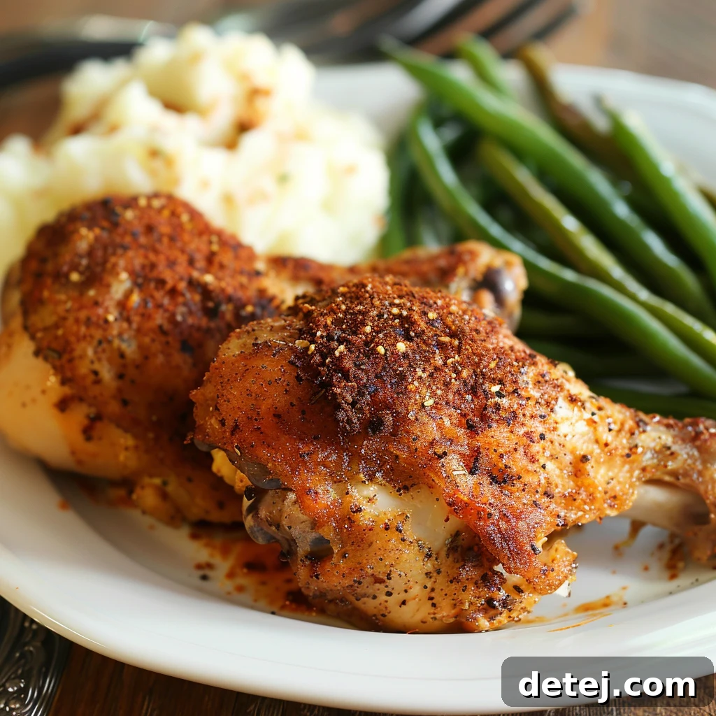 Crispy oven baked chicken legs served with sides