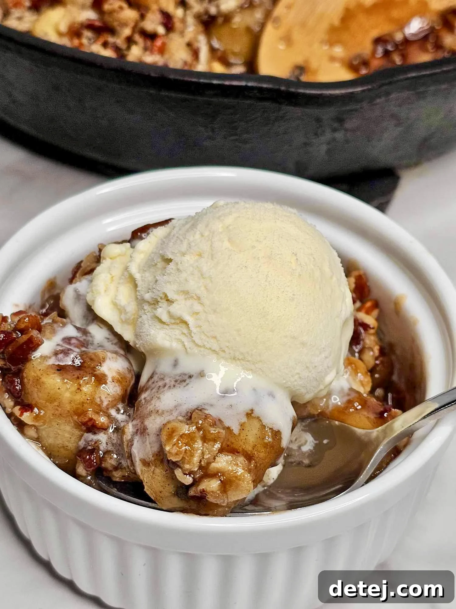 Close-up of a serving of baked banana crumble