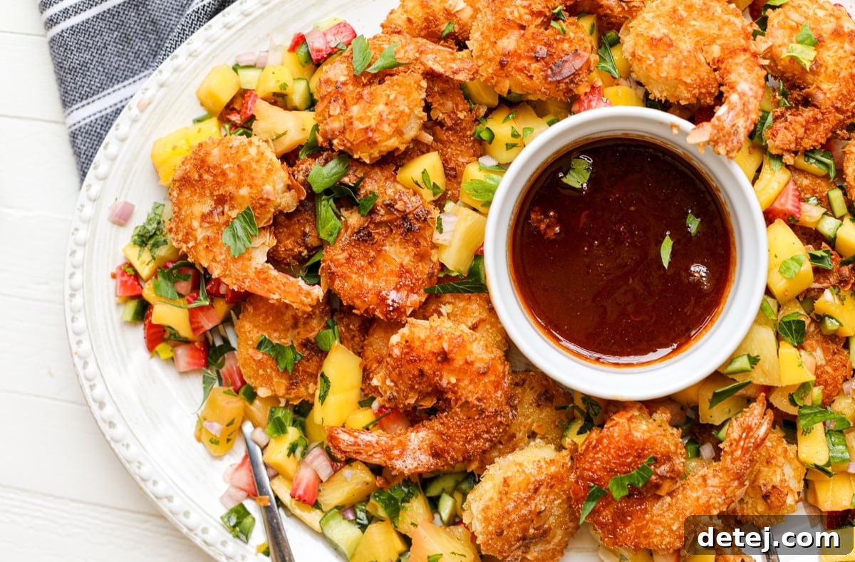Crispy Coconut Shrimp with Honey Sriracha Sauce and Fresh Mango Salsa