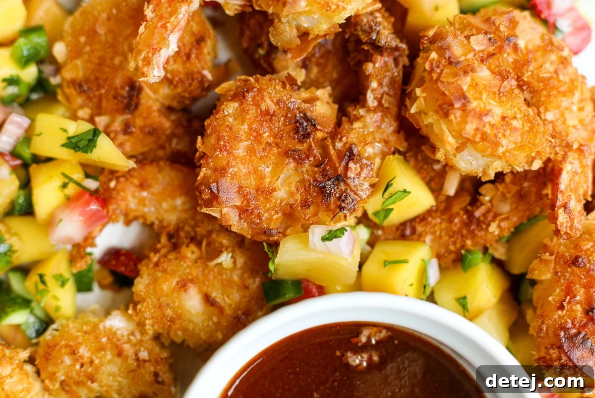 Close-up of golden coconut shrimp on a serving platter