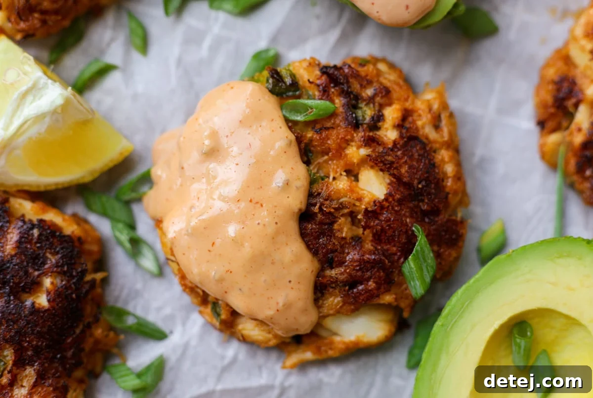 Close-up of golden brown Spicy Crab Cakes - Healthyish Foods
