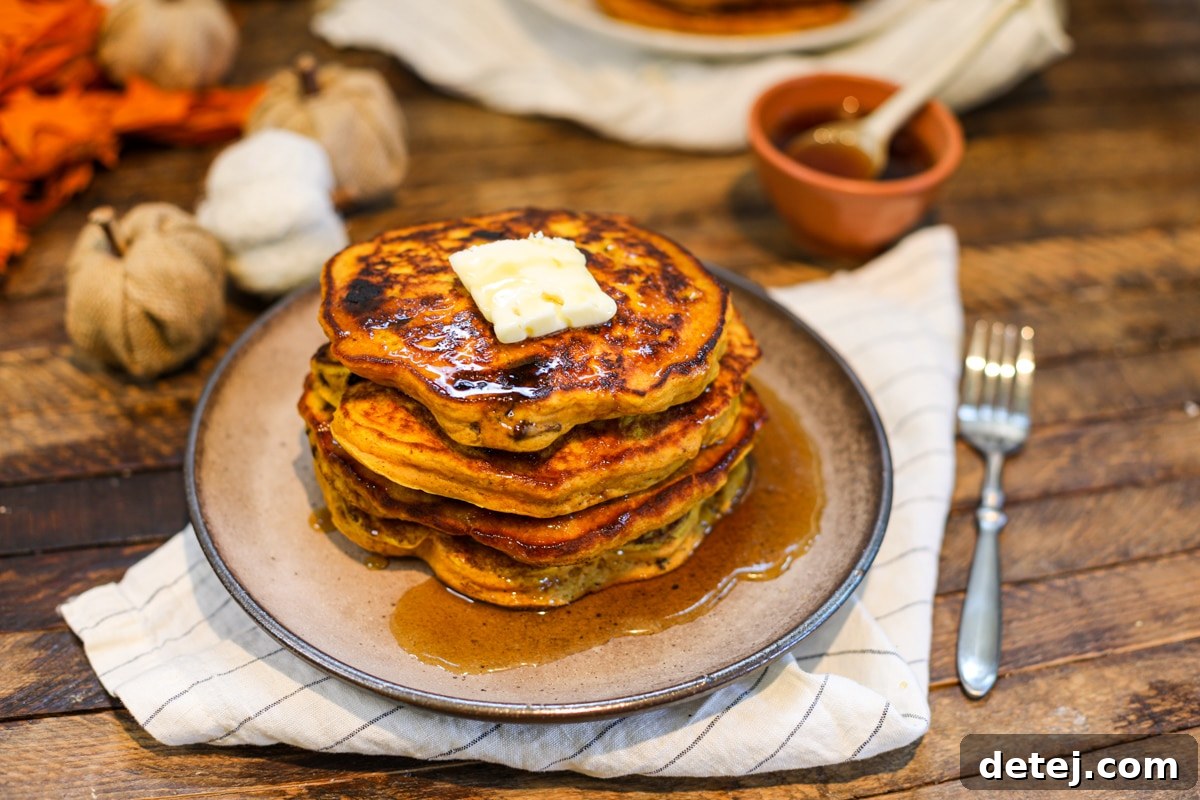 A close-up shot of a single Pumpkin Chocolate Chip Pancake, showcasing its fluffy texture, visible chocolate chips, and golden-brown edges. It's a perfect representation of a delicious and comforting fall breakfast treat.