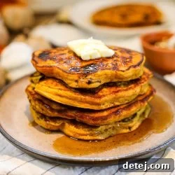 A close-up of a stack of Pumpkin Chocolate Chip Pancakes, with a generous drizzle of maple syrup and a melting pat of butter, illustrating the rich, comforting flavors of this fall breakfast recipe.