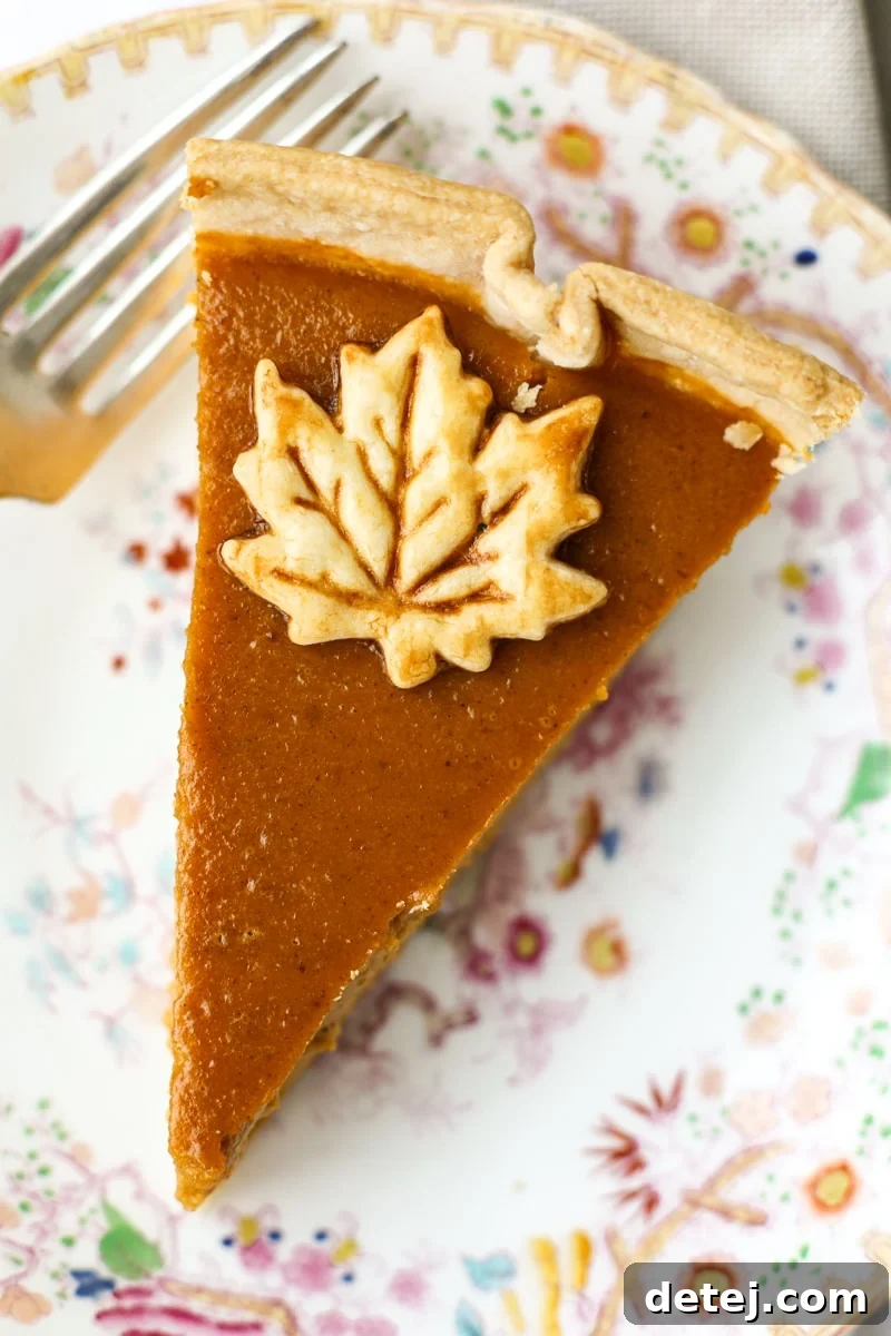 An overhead shot of a freshly baked pumpkin pie on a decorative plate, garnished for the holidays.