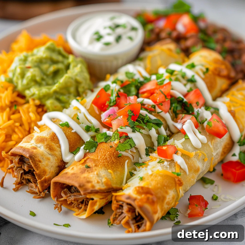 Crispy Beef Taquitos with various toppings and refried beans