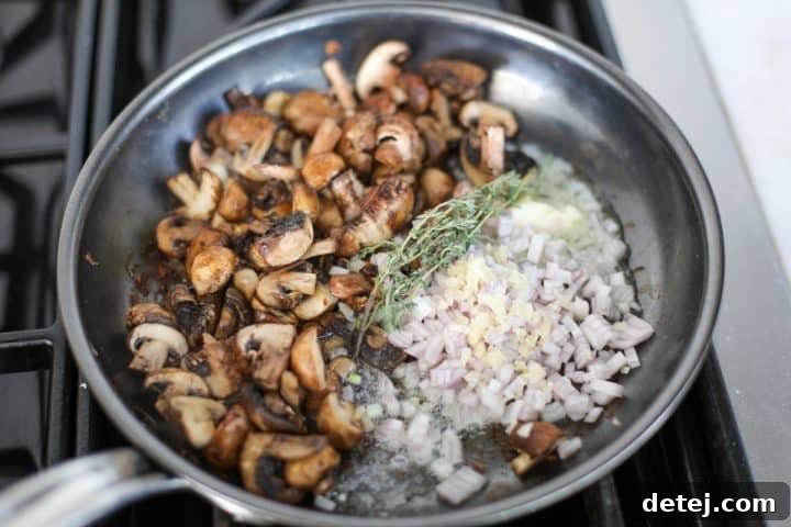 mushrooms, shallots, garlic, thyme in a pan with butter. 