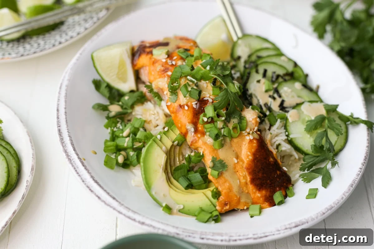 Delicious Baked Philadelphia Roll Bowl with creamy salmon, avocado, and cucumber