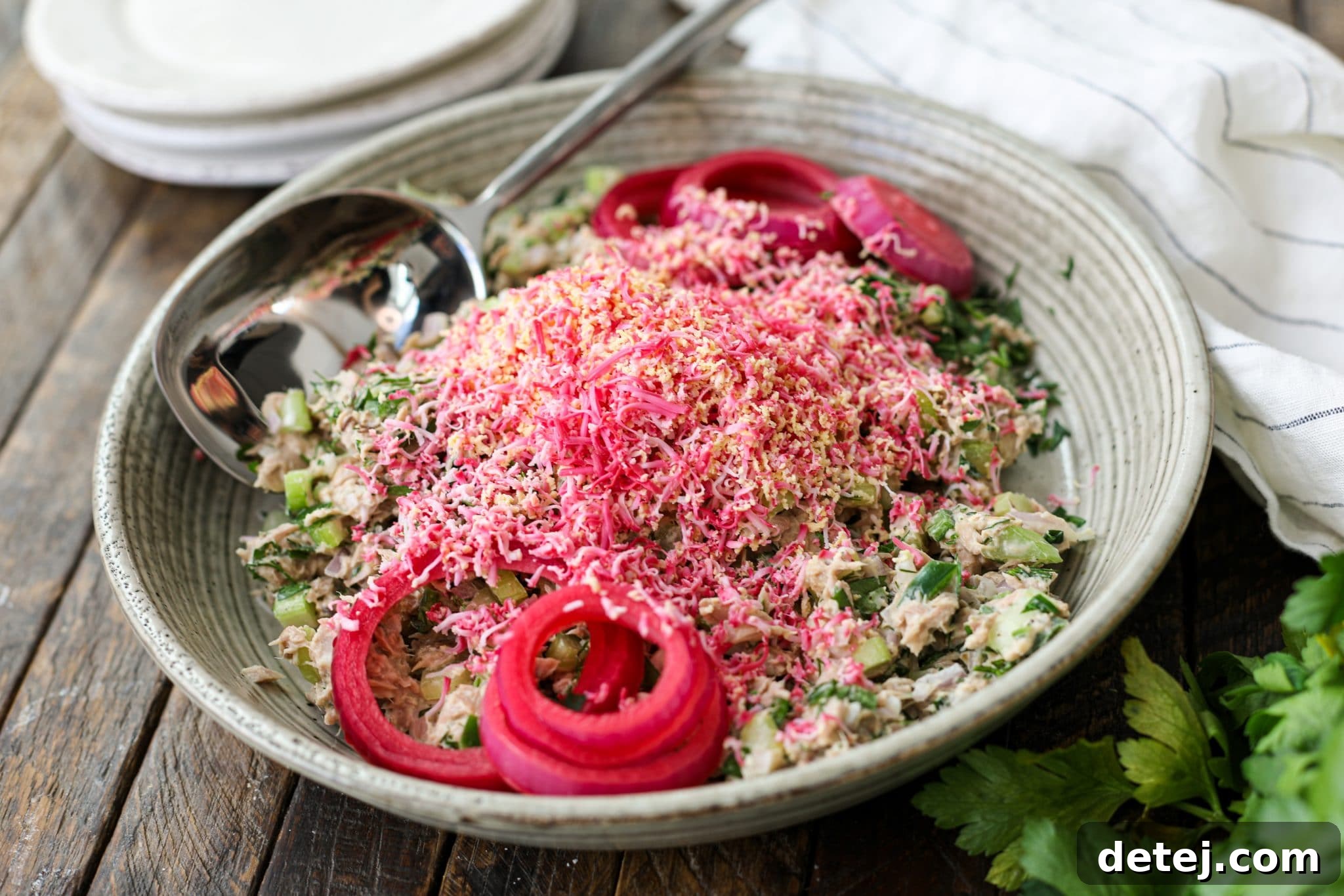 Flavorful Tuna Salad with Grated Pickled Egg served fresh on a plate, perfect for a healthy lunch or meal prep.