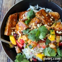 Close-up of Teriyaki Salmon and Fruit Salsa bowl