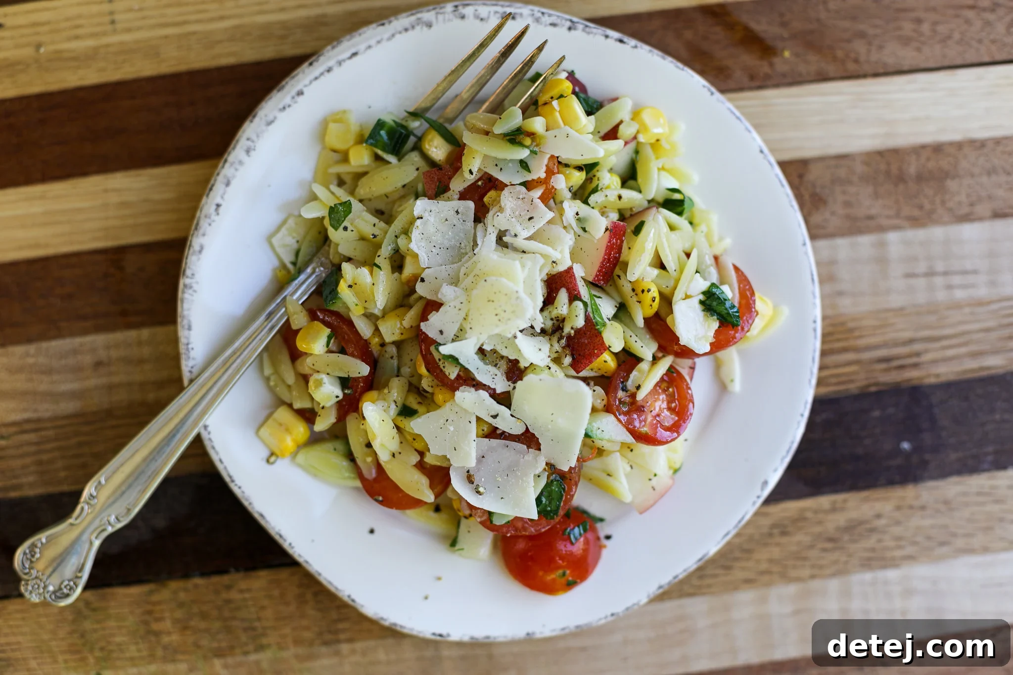 Vibrant Peach Tomato Pasta Salad, a healthy and refreshing summer side dish.