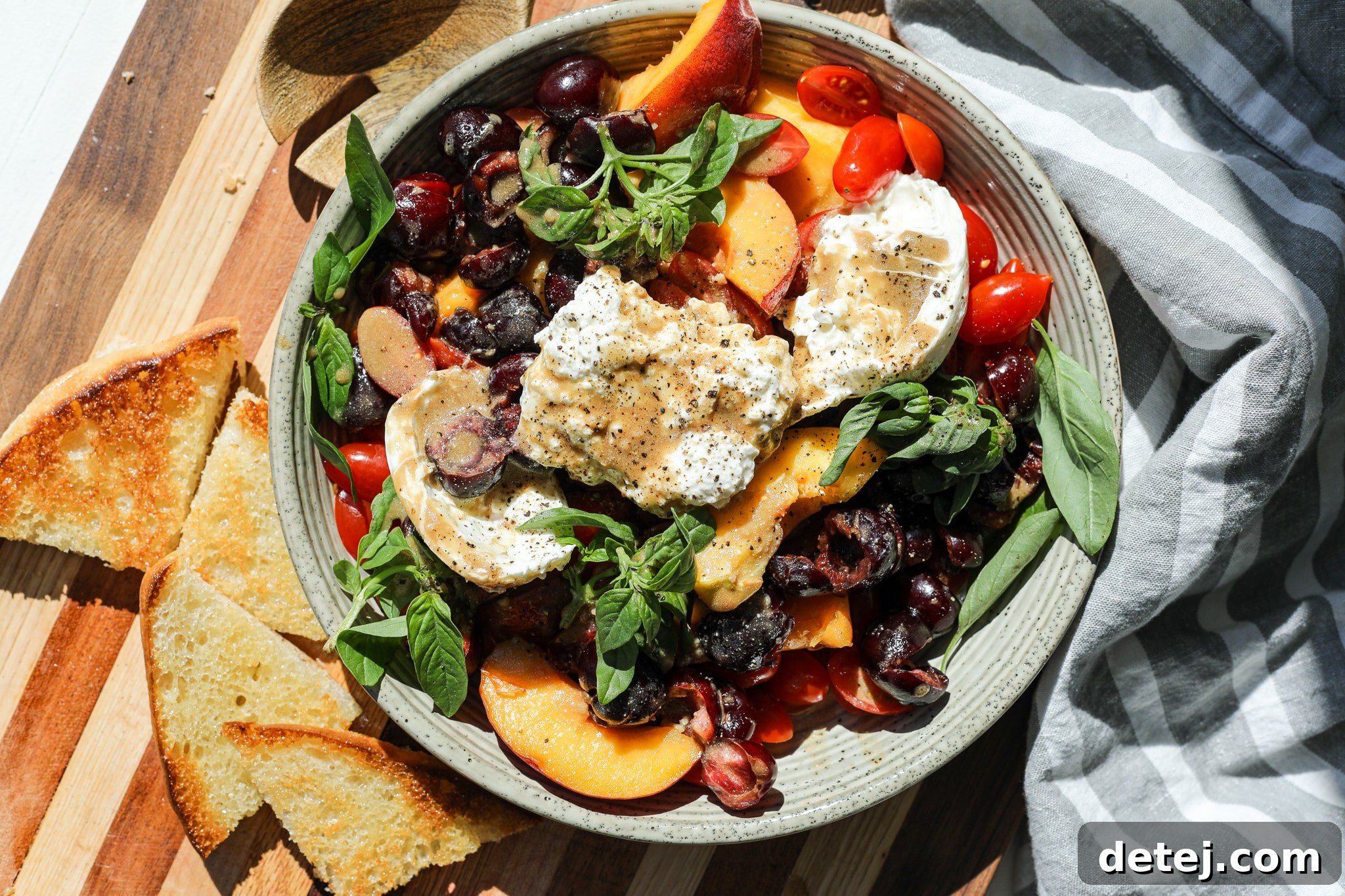 Vibrant Cherry Peach Tomato and Burrata Salad, bursting with fresh summer flavors and creamy burrata
