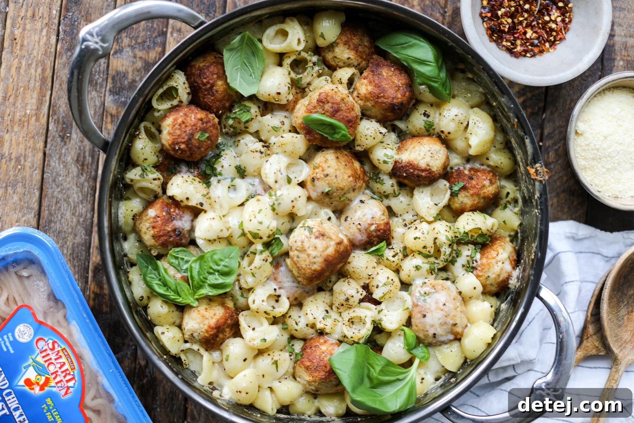Creamy Baked Pesto Pasta with Chicken Meatballs – Healthyish Foods