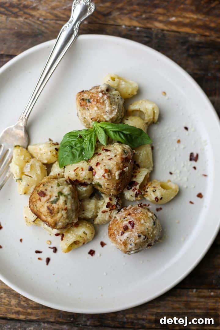 Creamy Baked Pesto Pasta with Chicken Meatballs – Healthyish Foods