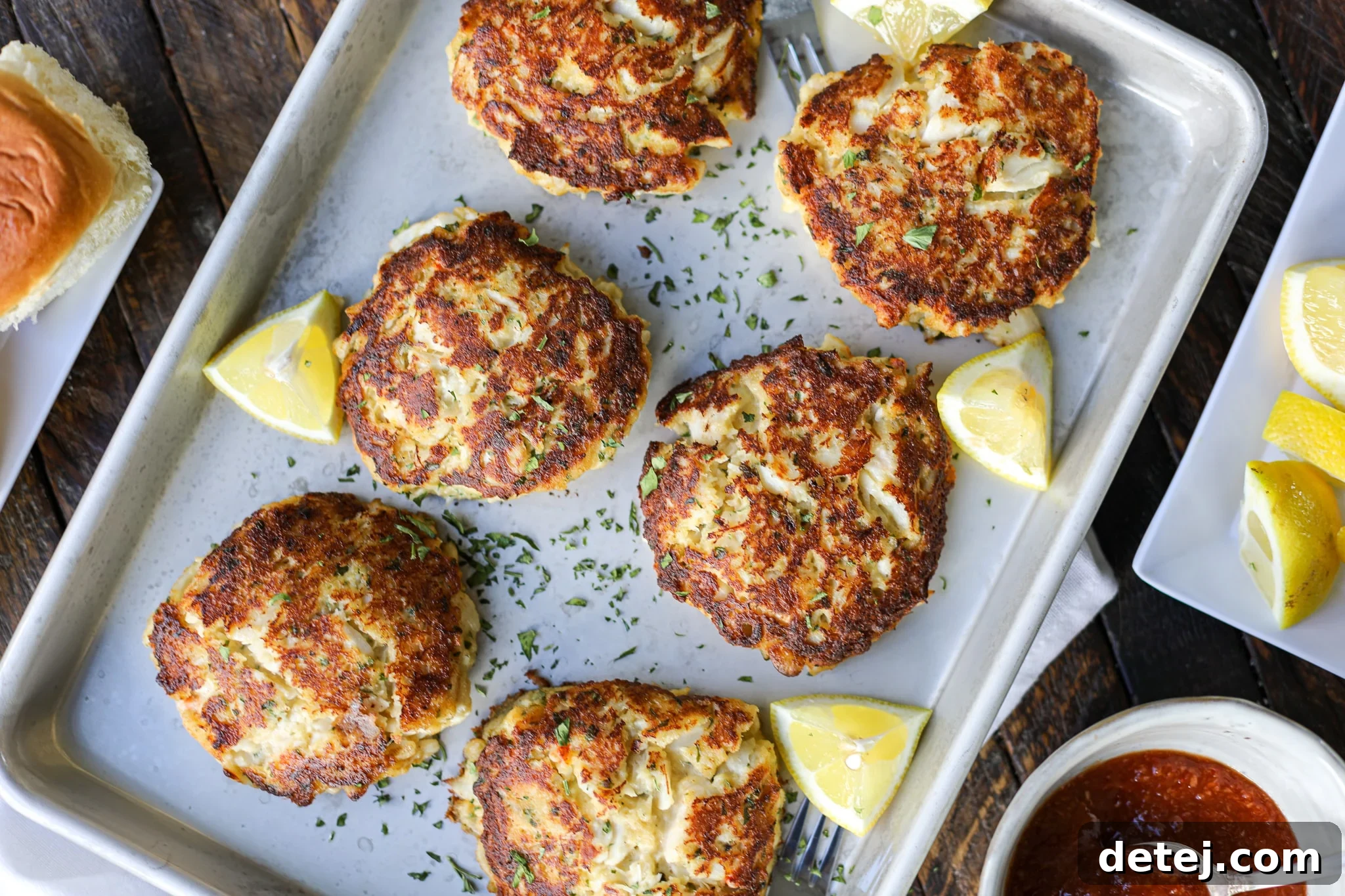 Golden brown classic crab cakes served with lemon wedges and sauce