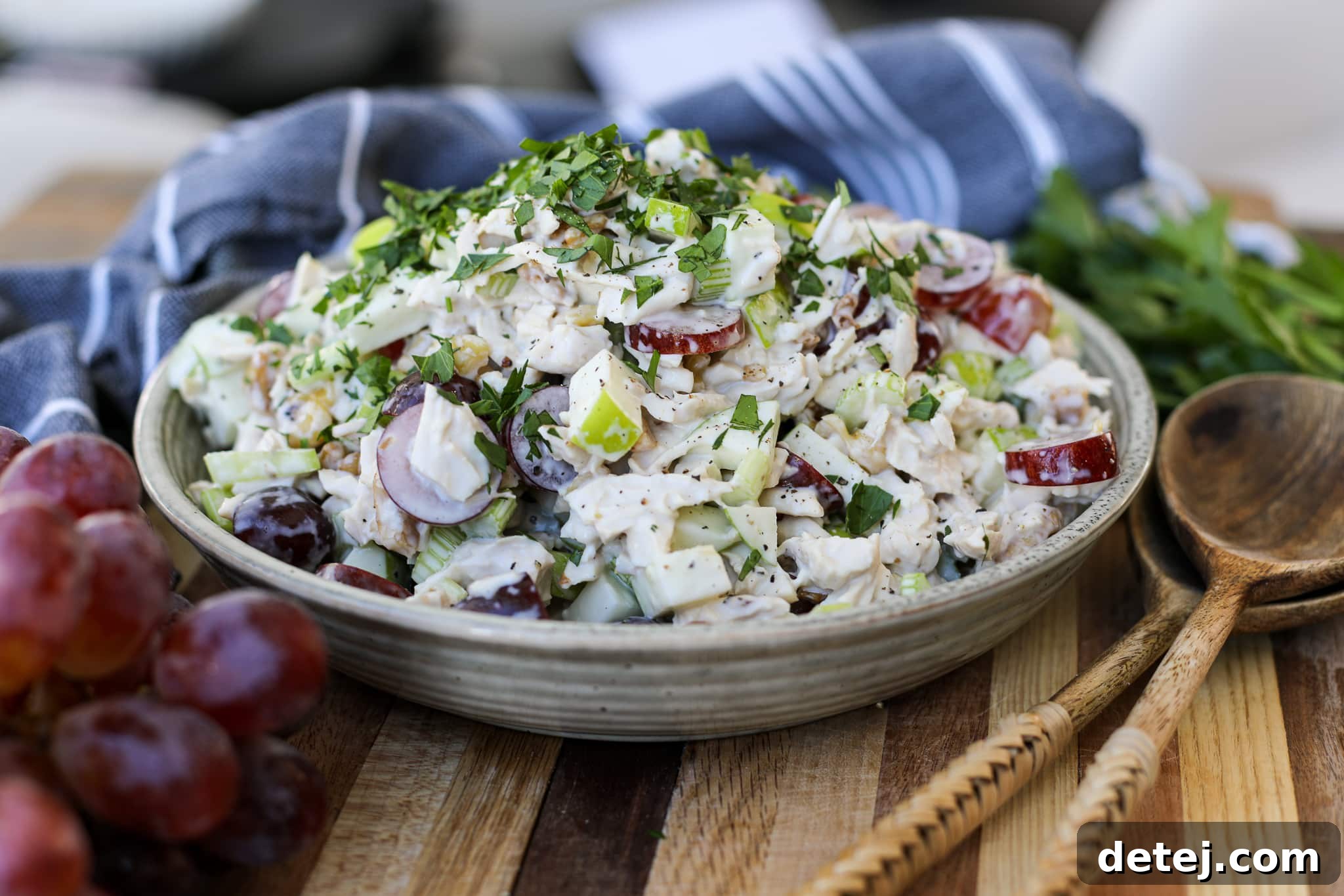 Close-up of Waldorf Chicken Salad ingredients.