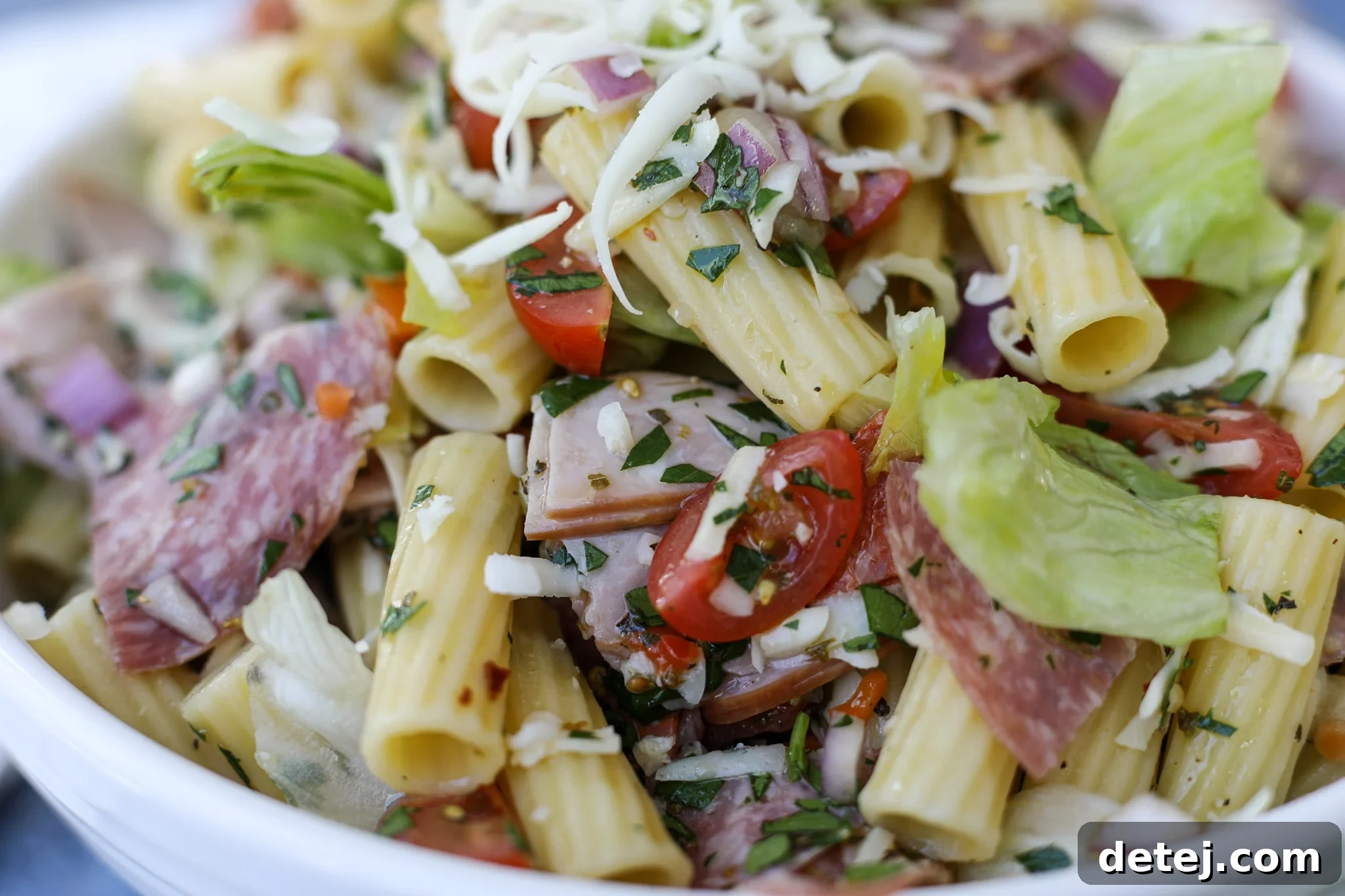 Serving bowl of Italian Grinder Salad, ready to be enjoyed.