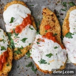 Top-down view of Baked Chicken Vodka Parmesan