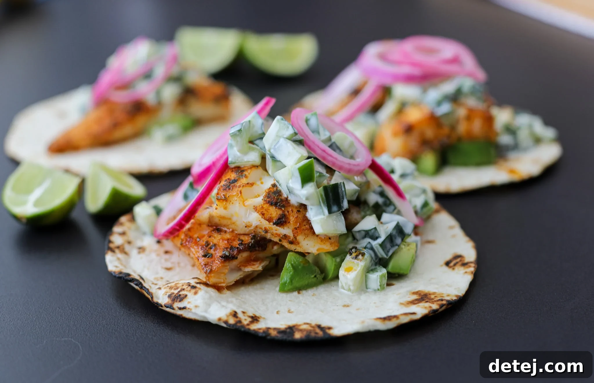 Blackened Fish Tacos with Creamy Cucumber Salad and Pickled Onion – Healthyish Foods