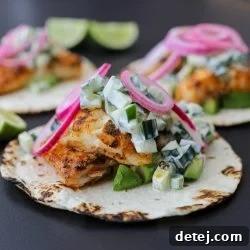Blackened Fish Tacos with Creamy Cucumber Salad and Pickled Onion – Healthyish Foods
