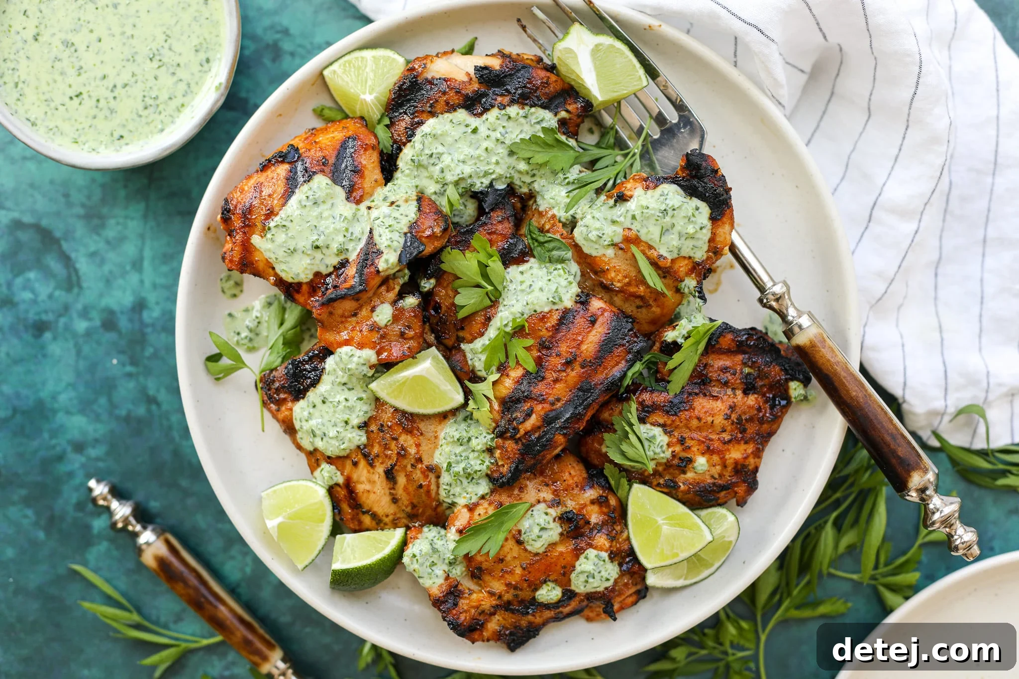 Peruvian Inspired Grilled Chicken Thighs with Green Goddess Dressing – Healthyish Foods