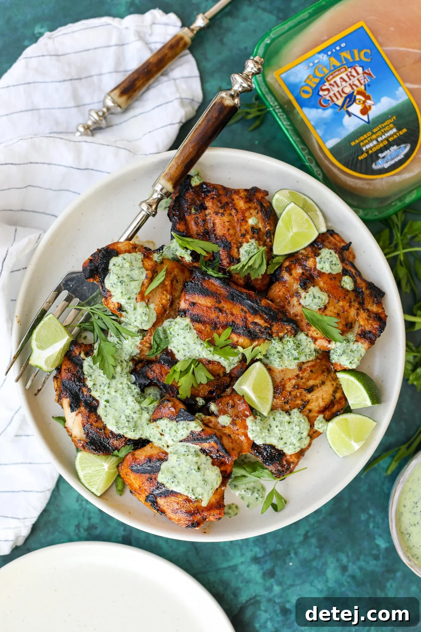 Peruvian Inspired Grilled Chicken Thighs with Green Goddess Dressing – Healthyish Foods