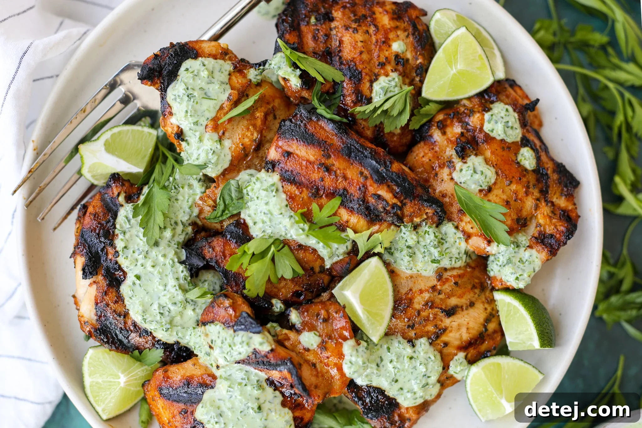 Peruvian Inspired Grilled Chicken Thighs with Green Goddess Dressing – Healthyish Foods