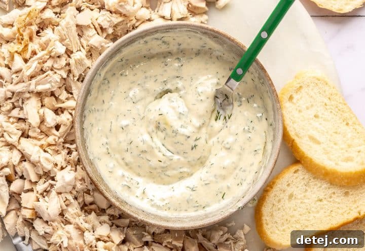 Close-up of the mixed creamy dill Dijon dressing.