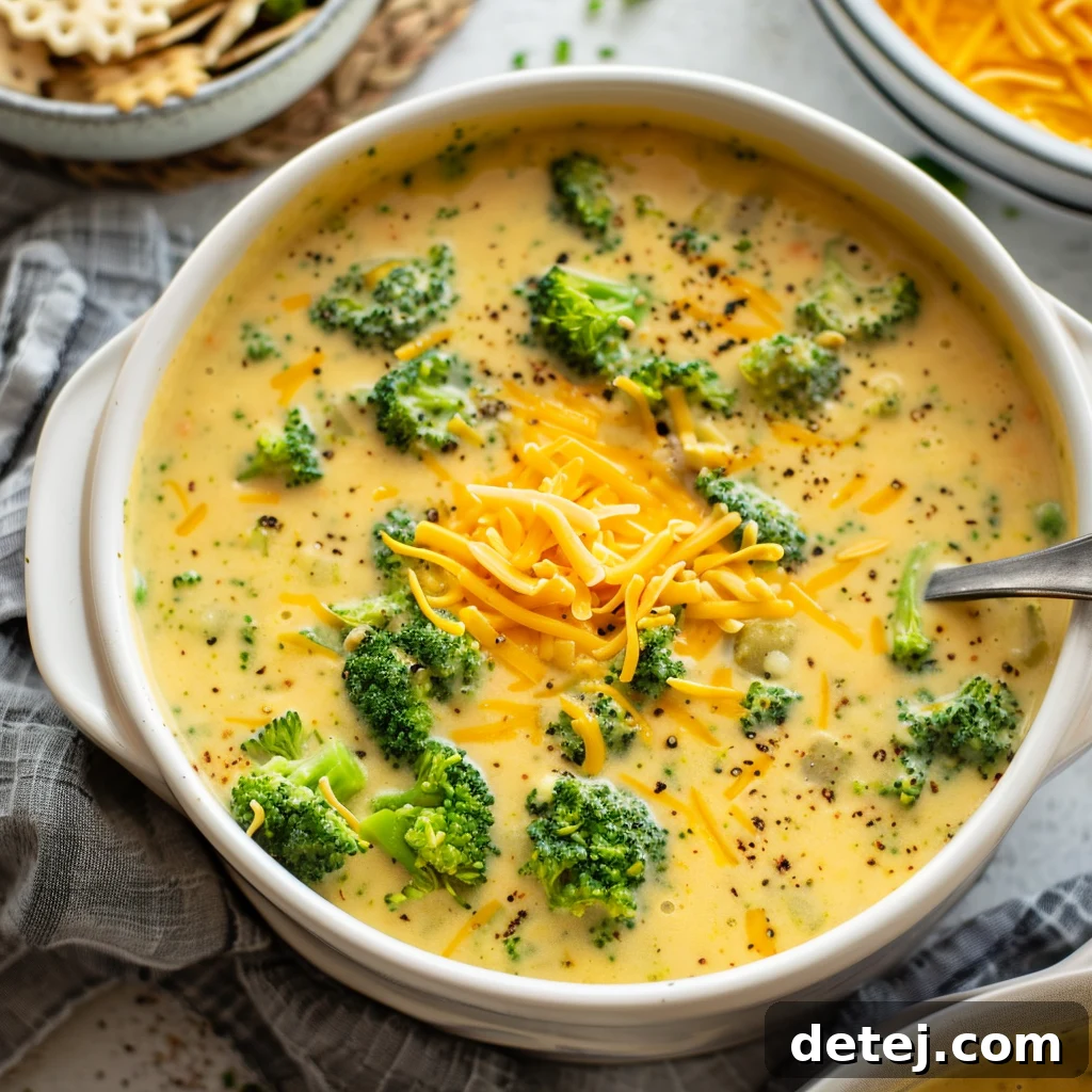 A serving of Easy Broccoli Cheese Soup in a bowl, garnished for presentation.