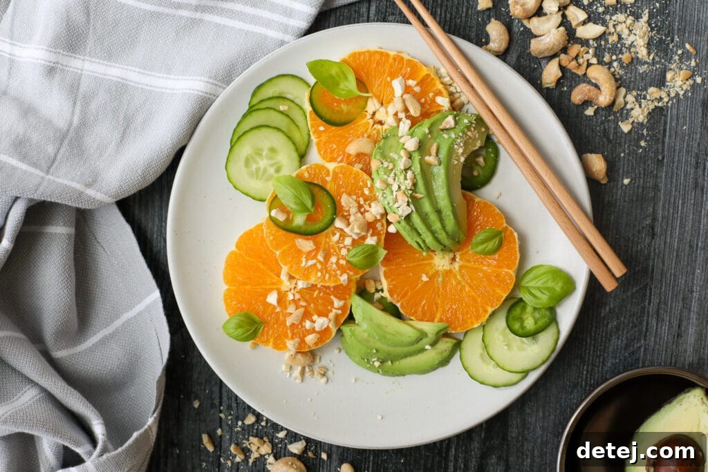 Close-up of a beautifully arranged Avocado Citrus Salad
