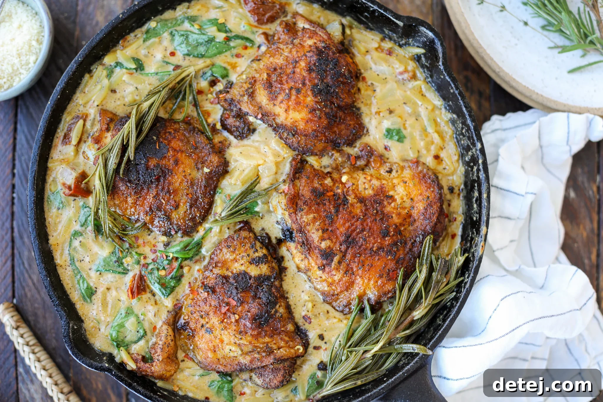 One Skillet Tuscan Chicken Thighs with Orzo – Healthyish Foods