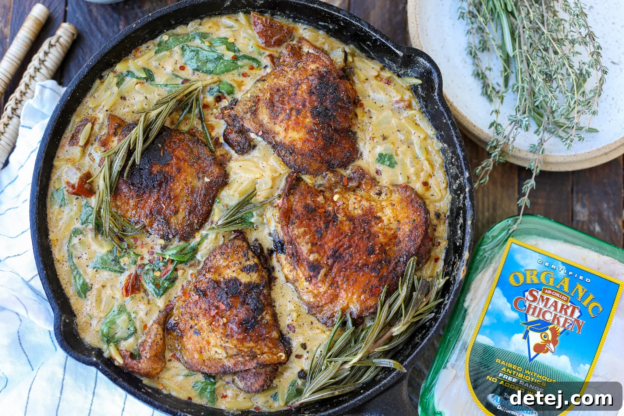 One Skillet Tuscan Chicken Thighs with Orzo – Healthyish Foods