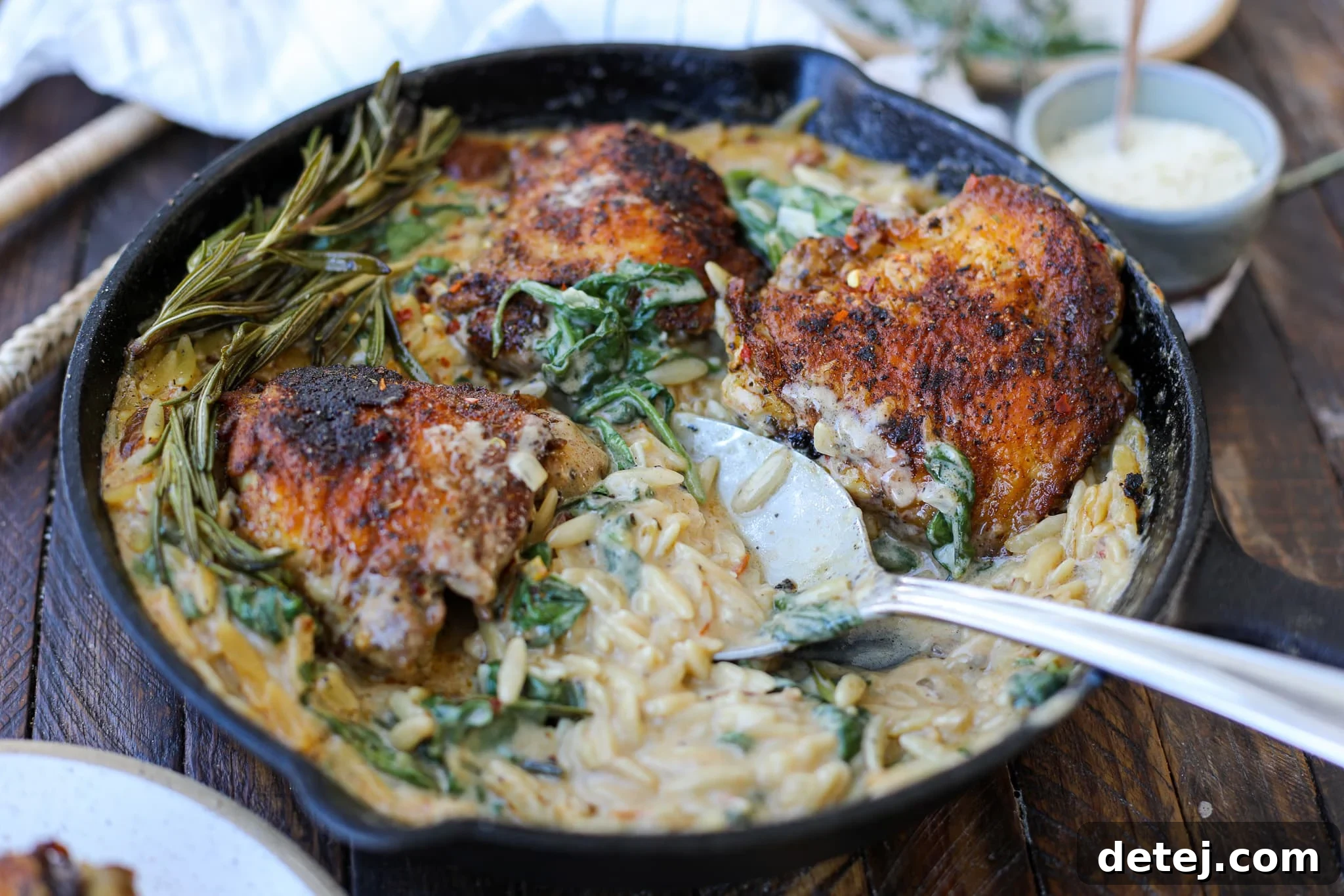 One Skillet Tuscan Chicken Thighs with Orzo – Healthyish Foods