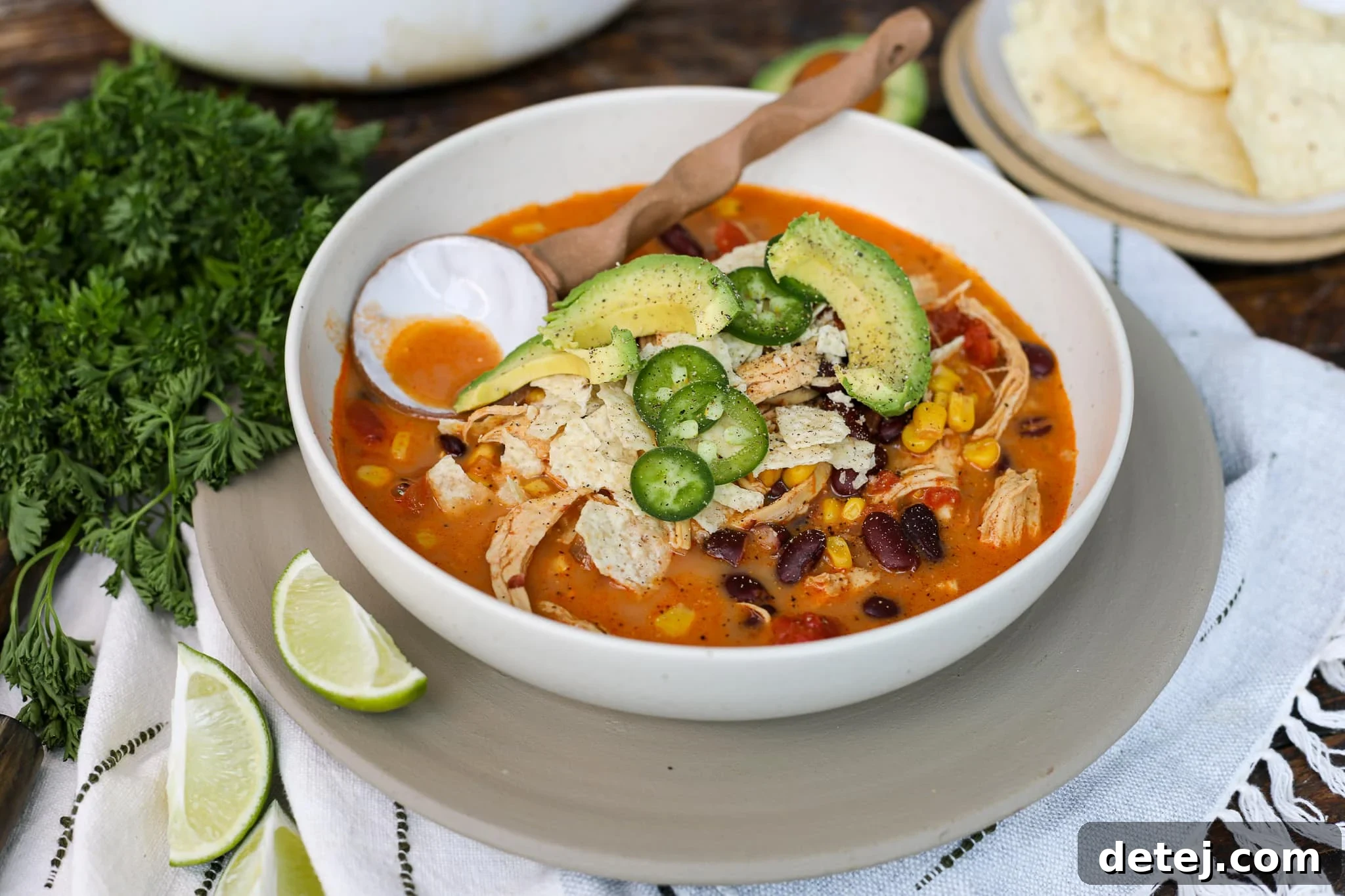 Close-up of Chicken Tortilla Soup with fresh garnishes