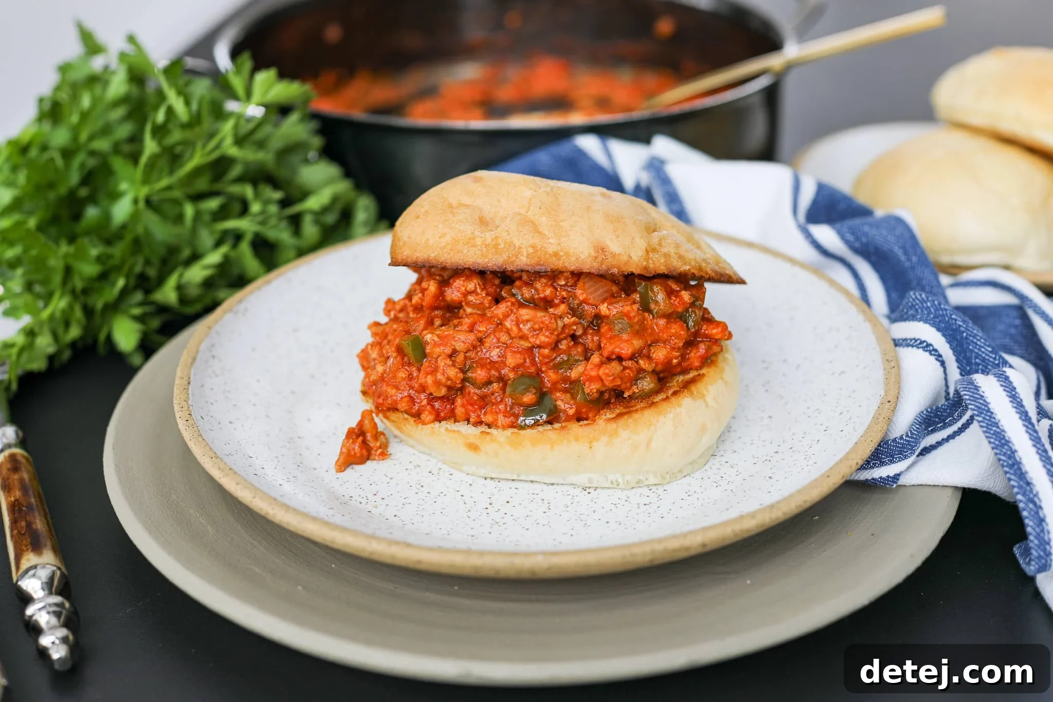Close-up of One Pan Ground Chicken Sloppy Joes mixture in a skillet