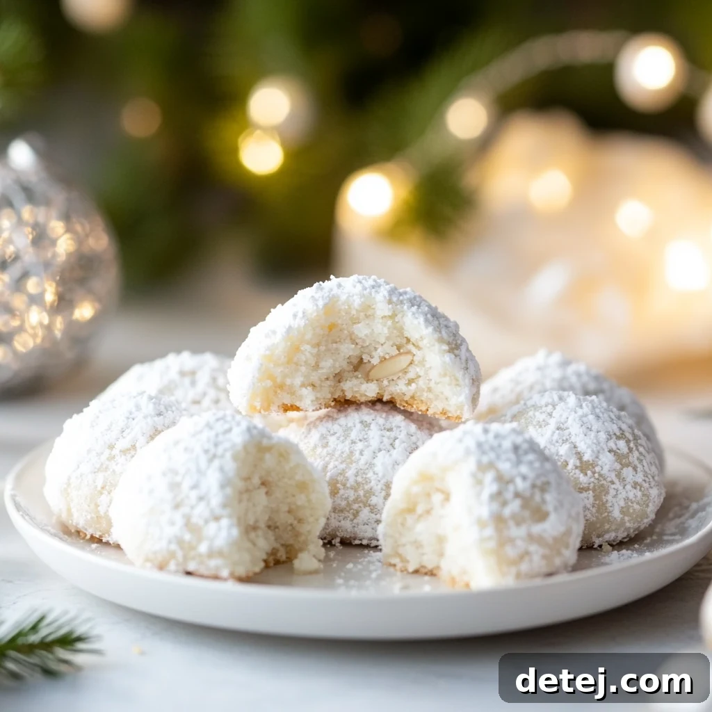 A charming close-up of almond snowball cookies, perfectly dusted with powdered sugar, ready for holiday celebrations