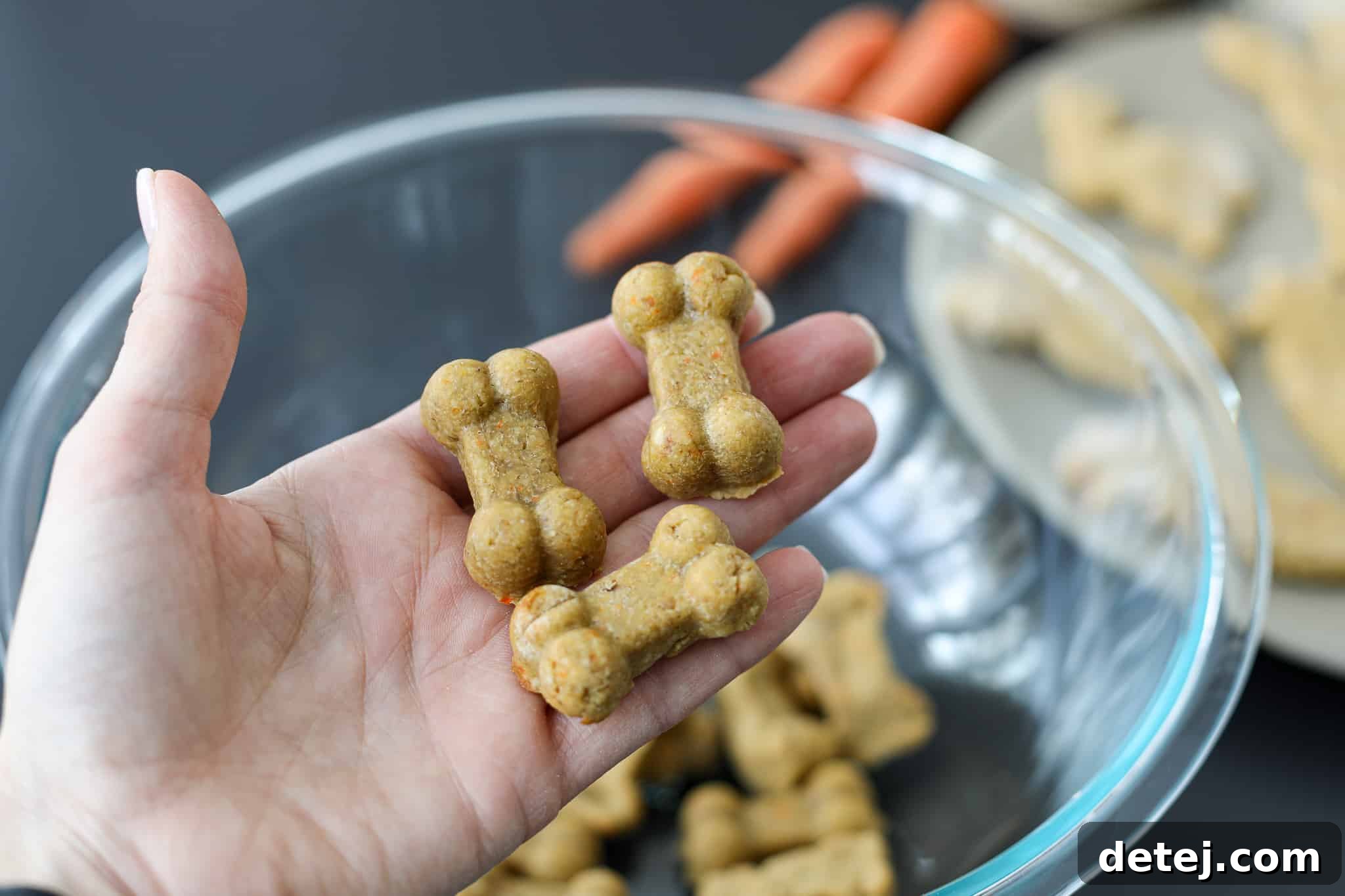 Fresh, natural ingredients for healthy homemade dog treats, including rolled oats, creamy peanut butter, vibrant carrots, and ripe bananas, laid out for preparation.