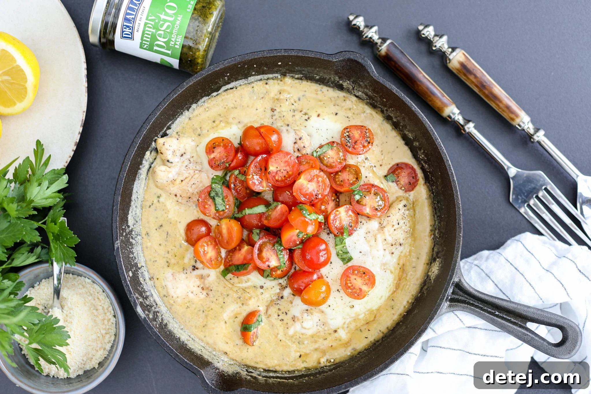 Close-up of One Pan Creamy Pesto Chicken with melted mozzarella and fresh tomatoes, showcasing the rich sauce and tender chicken.