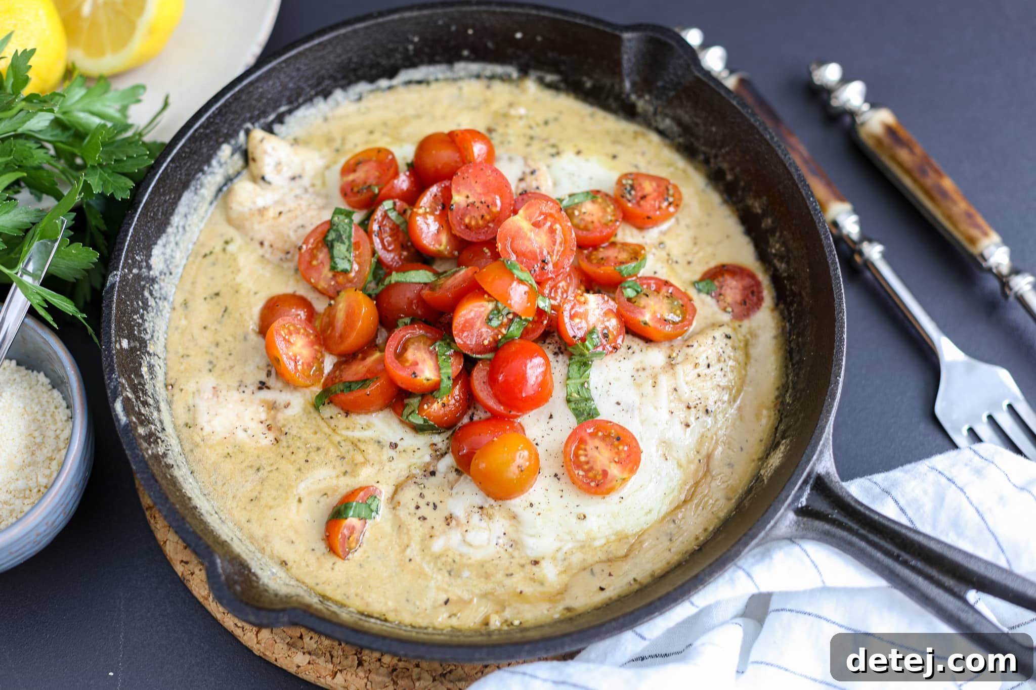 Ingredients for One Pan Creamy Pesto Chicken laid out, including chicken, pesto, cream, tomatoes, and basil.