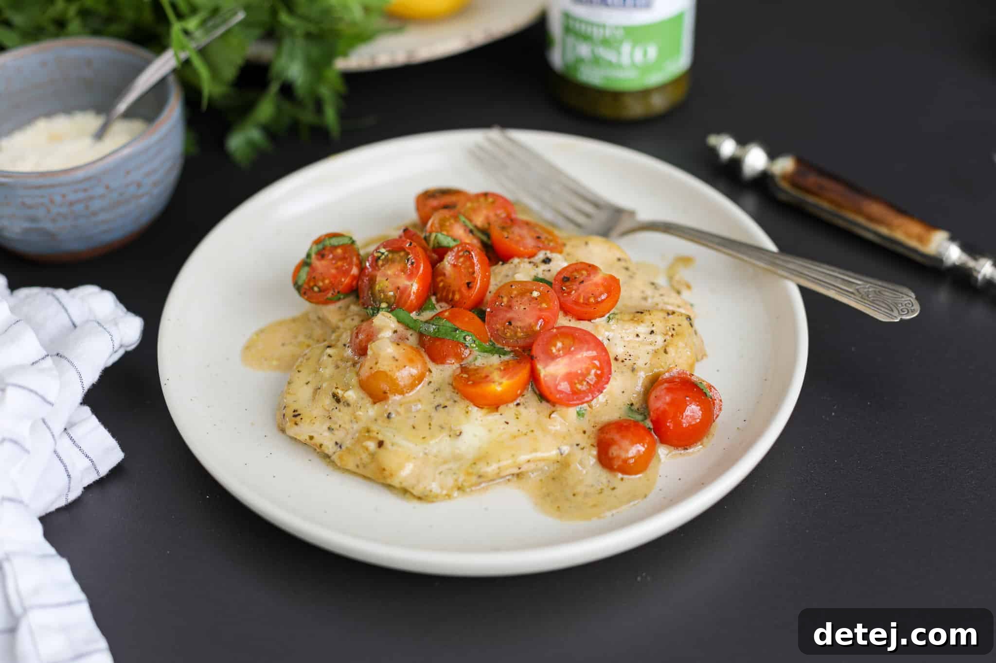 One Pan Creamy Pesto Chicken ready to serve, topped with fresh tomato basil salad in a cast iron pan.