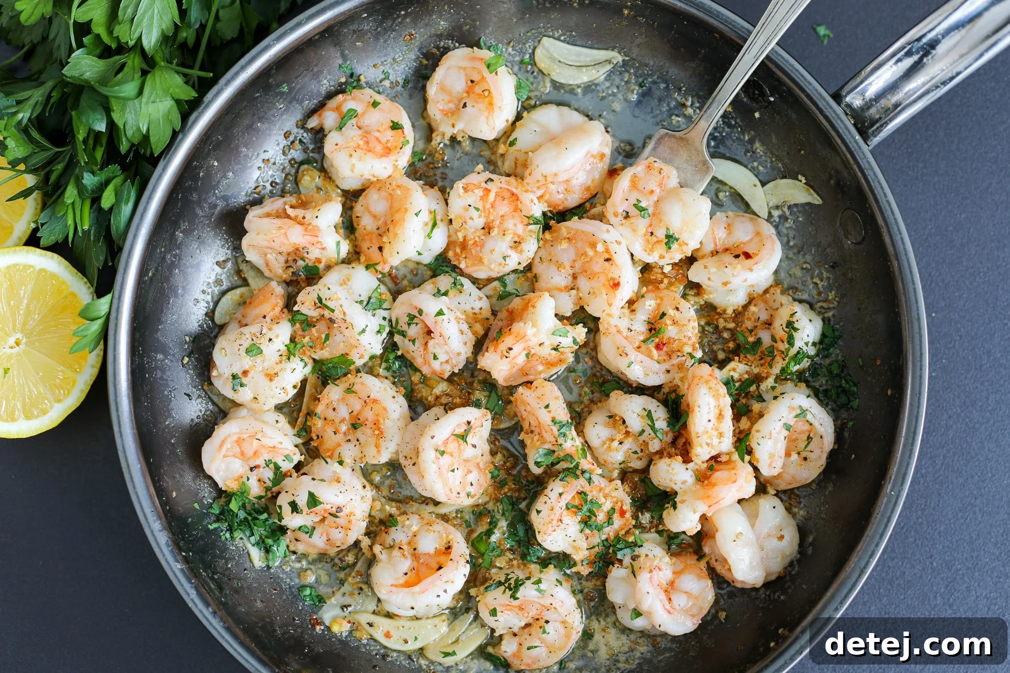 Perfectly Finished Garlic Butter Shrimp Scampi, Garnished and Ready to Serve – Healthyish Foods