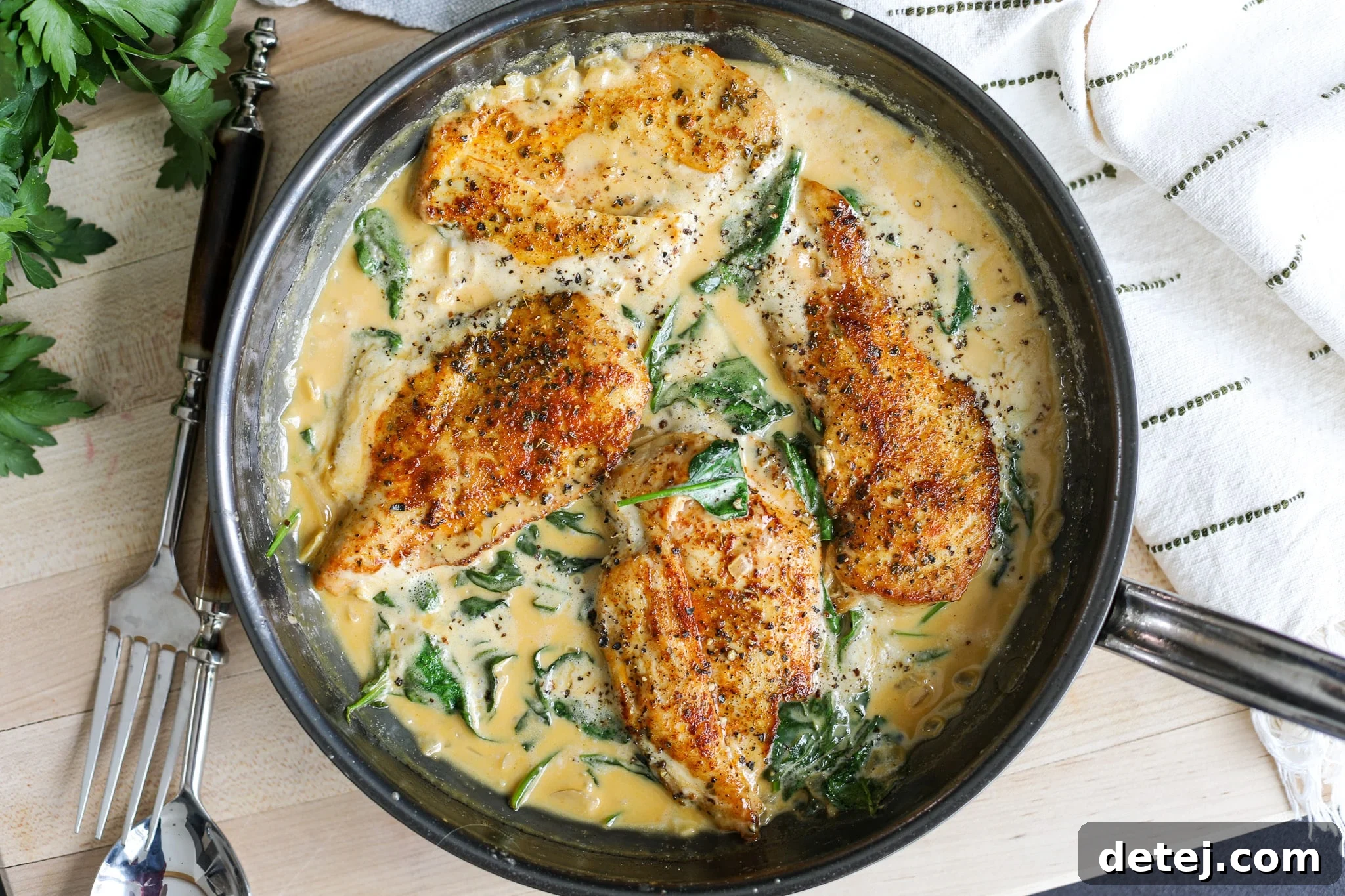 One Pan Blackened Chicken Alfredo in a skillet, ready to be served - Healthyish Foods