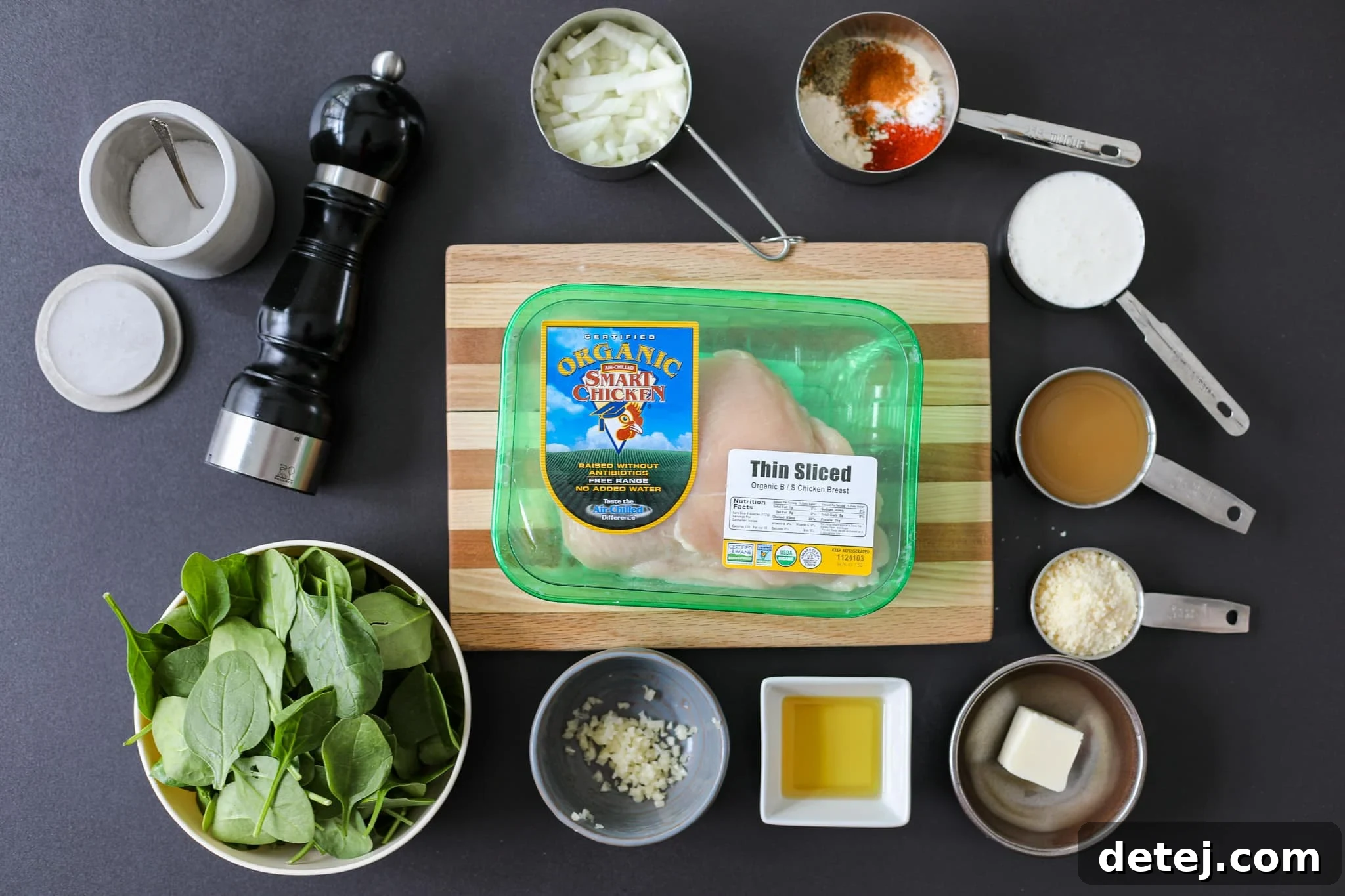 Various ingredients laid out for One Pan Blackened Chicken Alfredo - Healthyish Foods