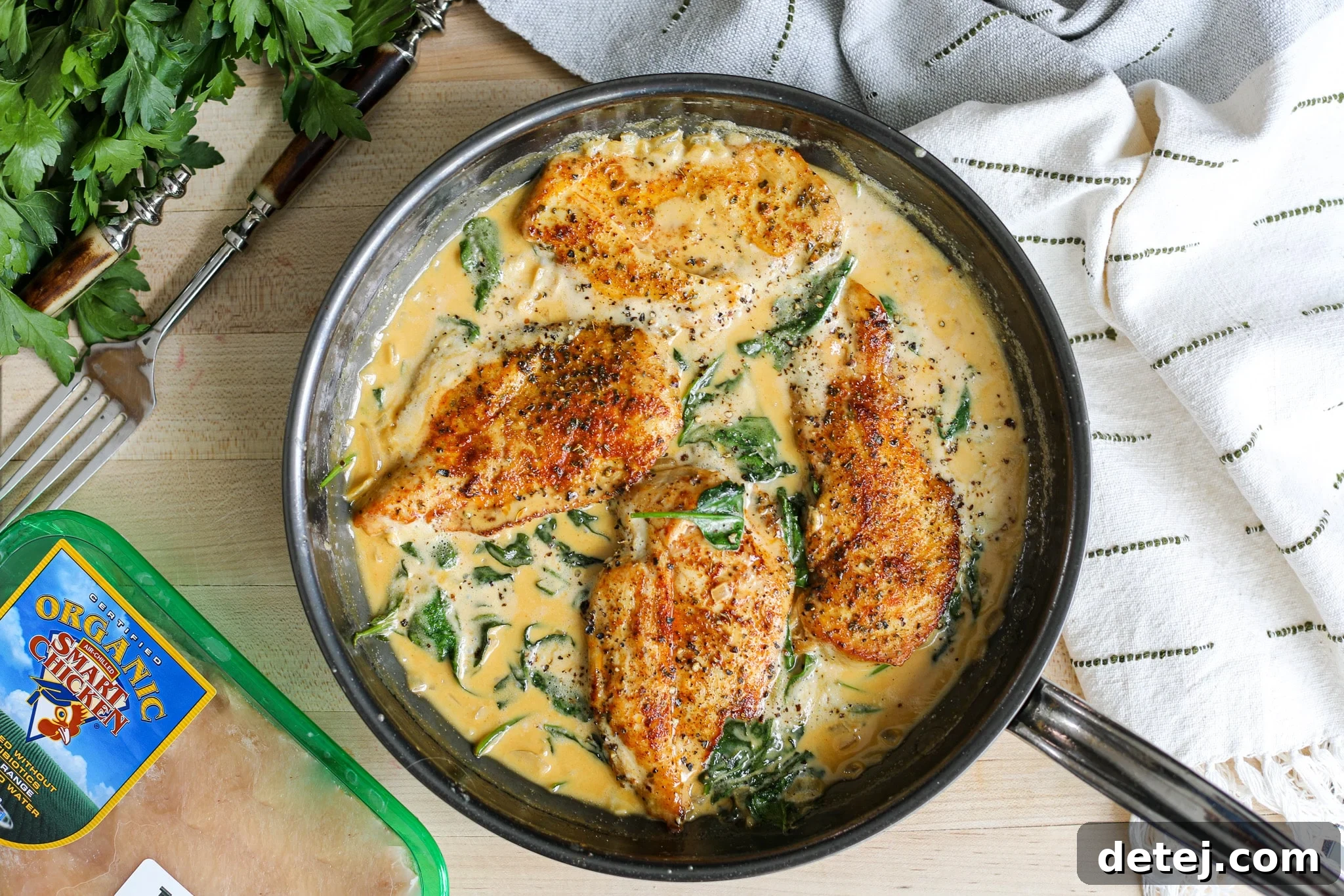Overhead shot of the skillet with One Pan Blackened Chicken Alfredo - Healthyish Foods