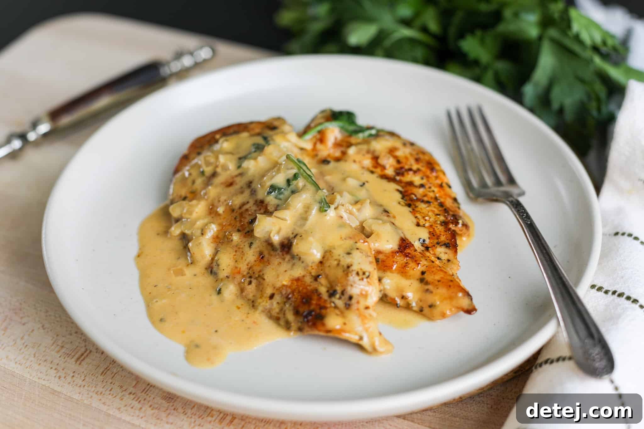 Plated One Pan Blackened Chicken Alfredo with a side of greens - Healthyish Foods