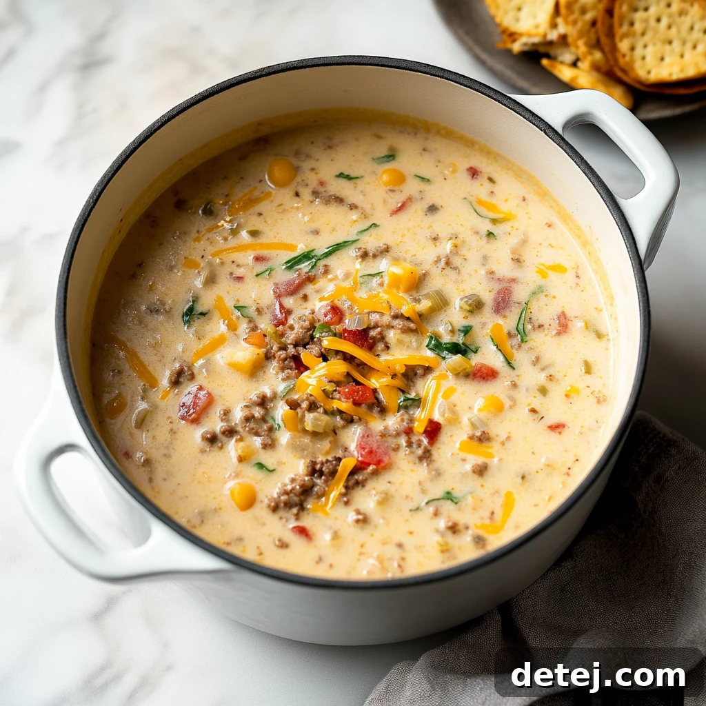 A steaming bowl of creamy cheeseburger soup topped with crispy bacon and fresh green onions, perfect for an easy family dinner.