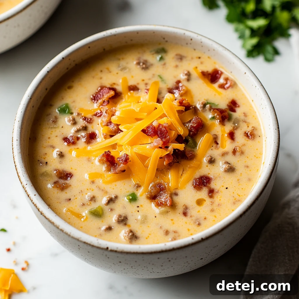 A beautifully presented bowl of easy cheeseburger soup, garnished generously with crispy bacon, chopped green onions, and a dollop of sour cream.