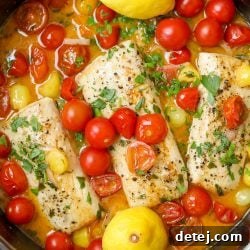 Mahi Mahi with Lemon Butter and Tomatoes in a Pan.